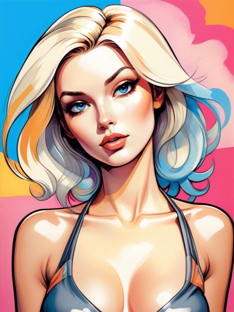 Stylized Digital Portrait of Blonde Woman with Blue Eyes and Colorful Background