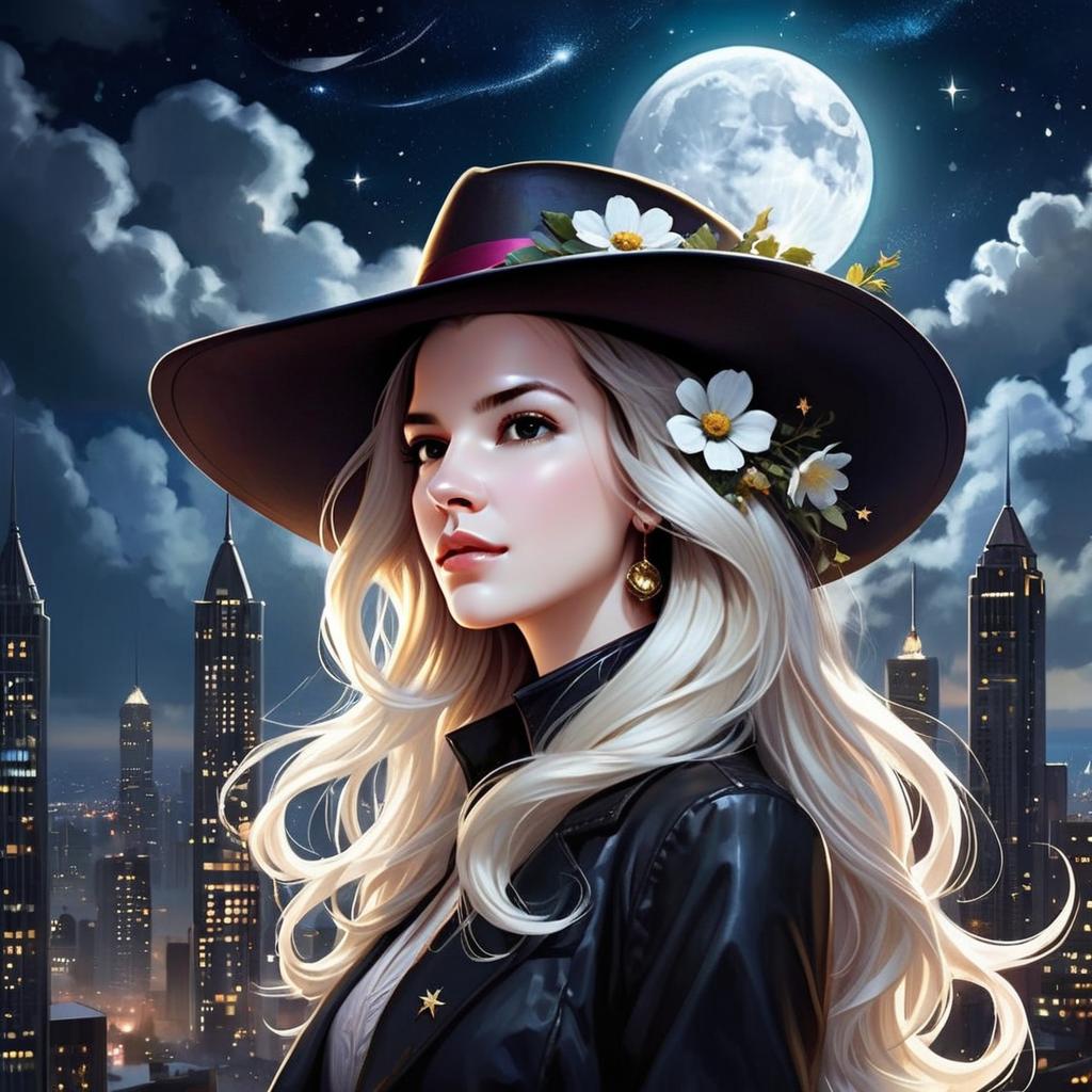 Digital Portrait of Woman in Flowered Hat with Moonlit Cityscape