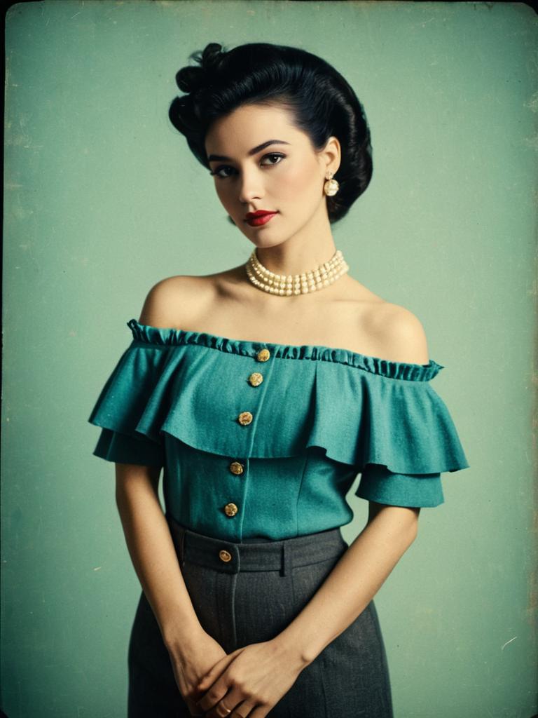 Vintage Style Woman in Teal Off-Shoulder Blouse with Pearl Jewelry