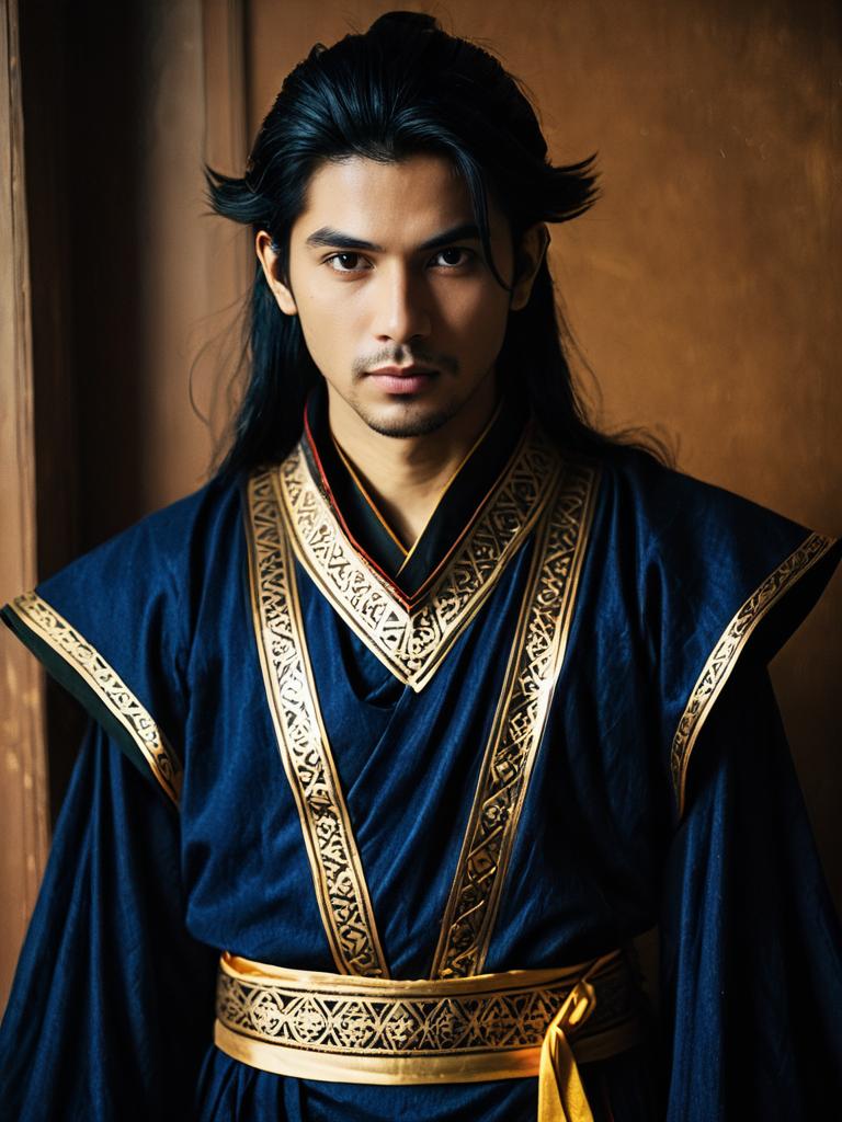 Man in Detailed Nitara Cosplay Costume with Gold Trim