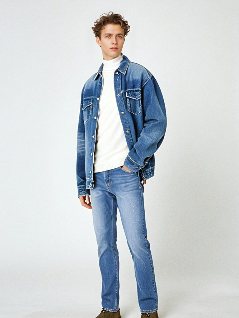 Stylish Young Man in Denim Jacket and Turtleneck