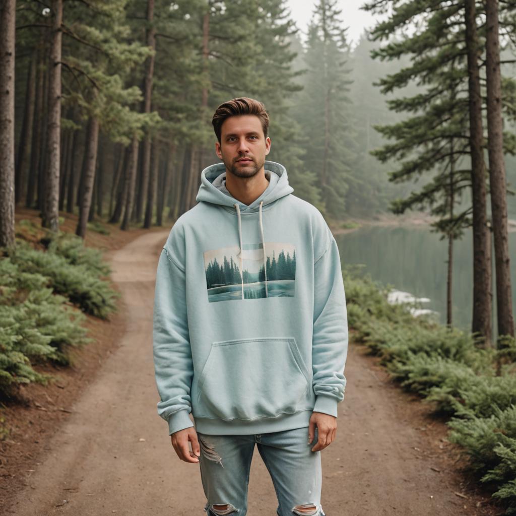 Man in Artistic Hoodie on Forest Path