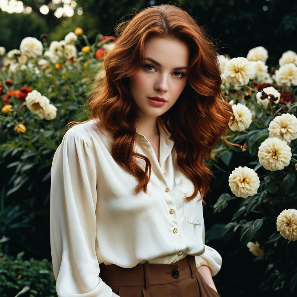 Young Woman with Red Hair in Garden Wearing Cream Blouse and Brown Trousers
