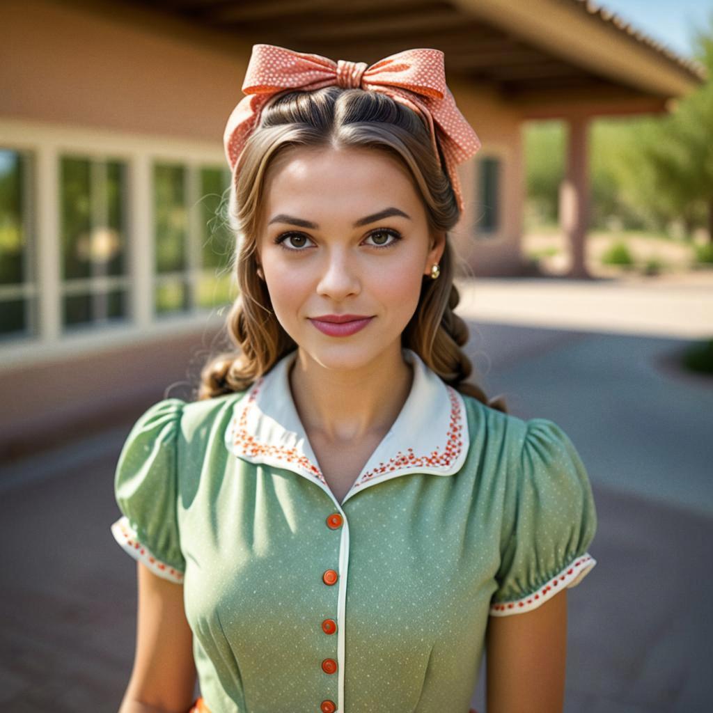 Young Woman in Vintage Green Dress with Bow