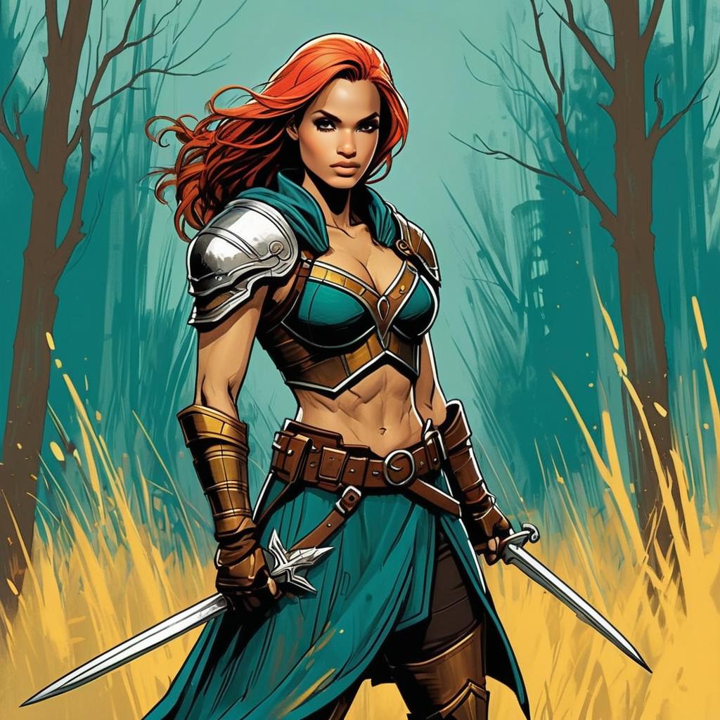 Fierce Woman Warrior in Fantasy Armor with Dual Swords Artwork
