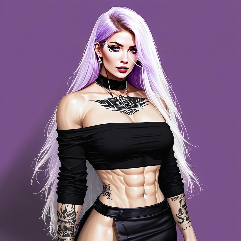 Fit Anime Woman with Lavender Hair and Sculpted Abs in Black Outfit