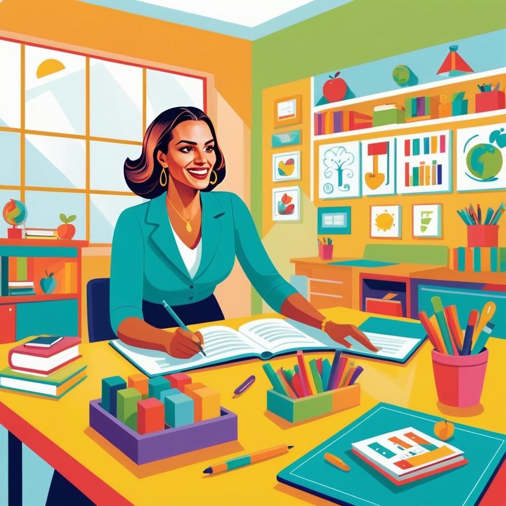 Woman Writing at Colorful Desk in Modern Office Woman Writing at Colorful Desk in Modern Office