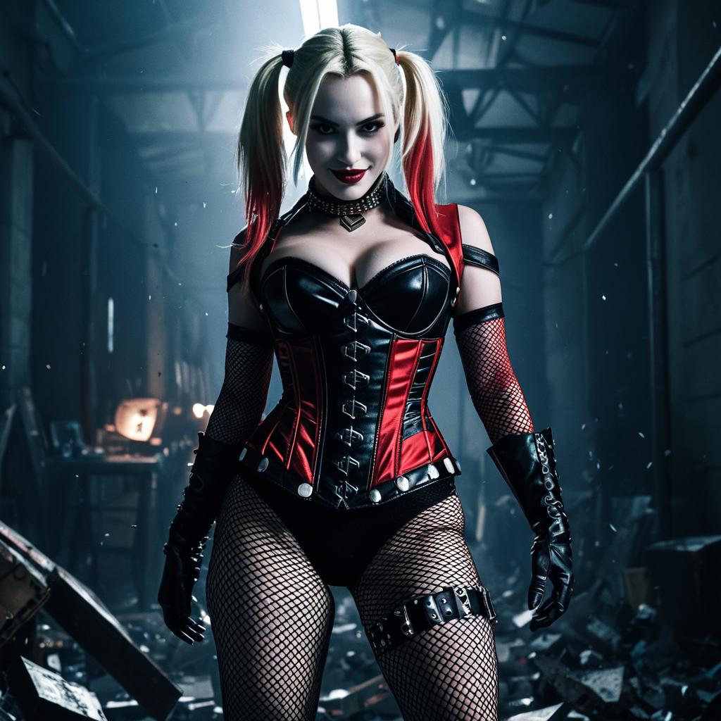 Harley Quinn Inspired Woman in Red and Black Leather Corset Cosplay