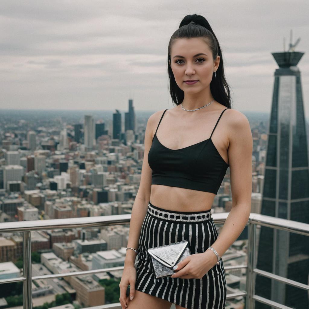 Stylish Woman in Urban Attire Against Cityscape