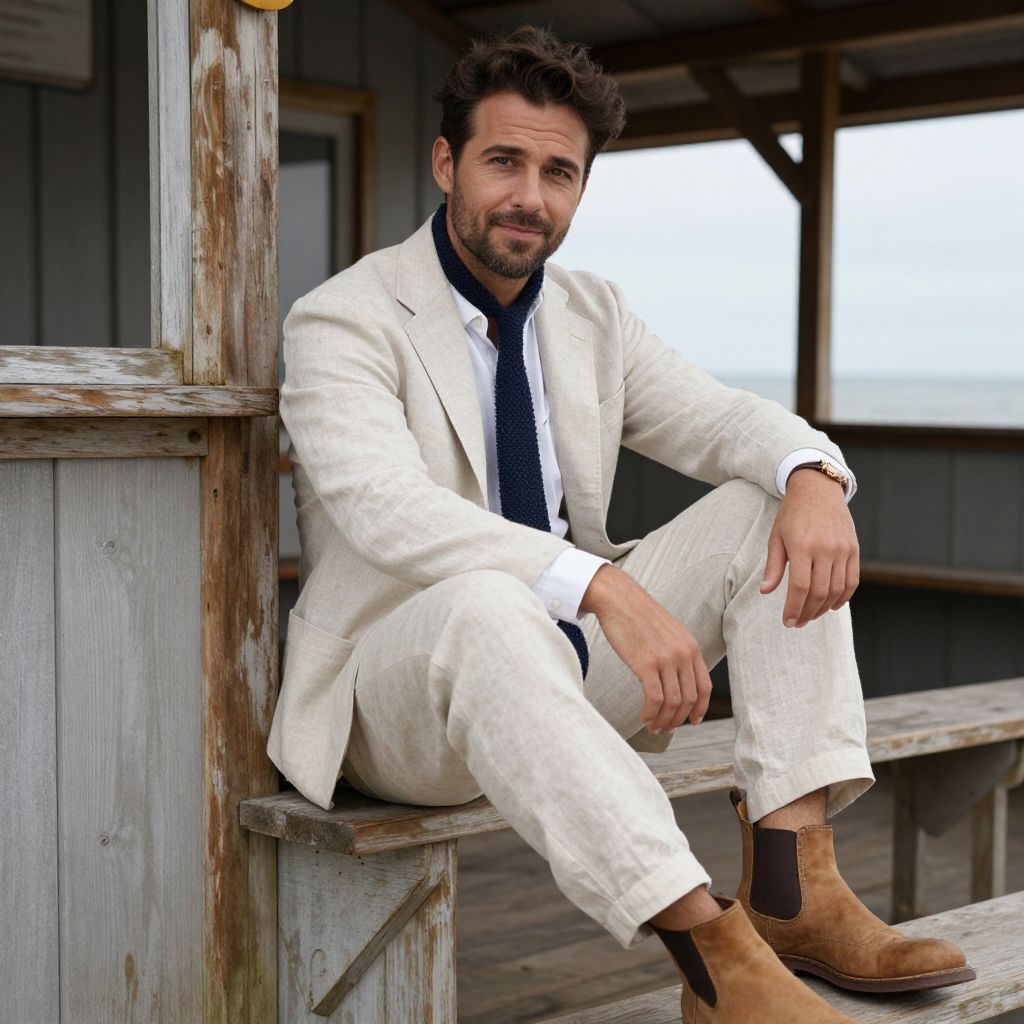 Man in Beige Linen Suit with Navy Tie and Suede Chelsea Boots Sitting Outdoors