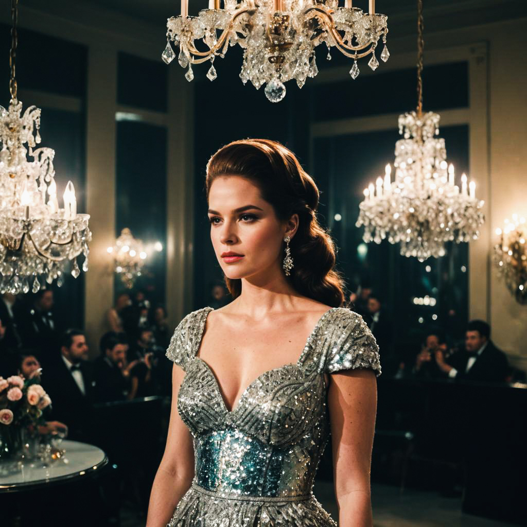 Elegant Woman in Sparkling Gown at Glamorous Ballroom