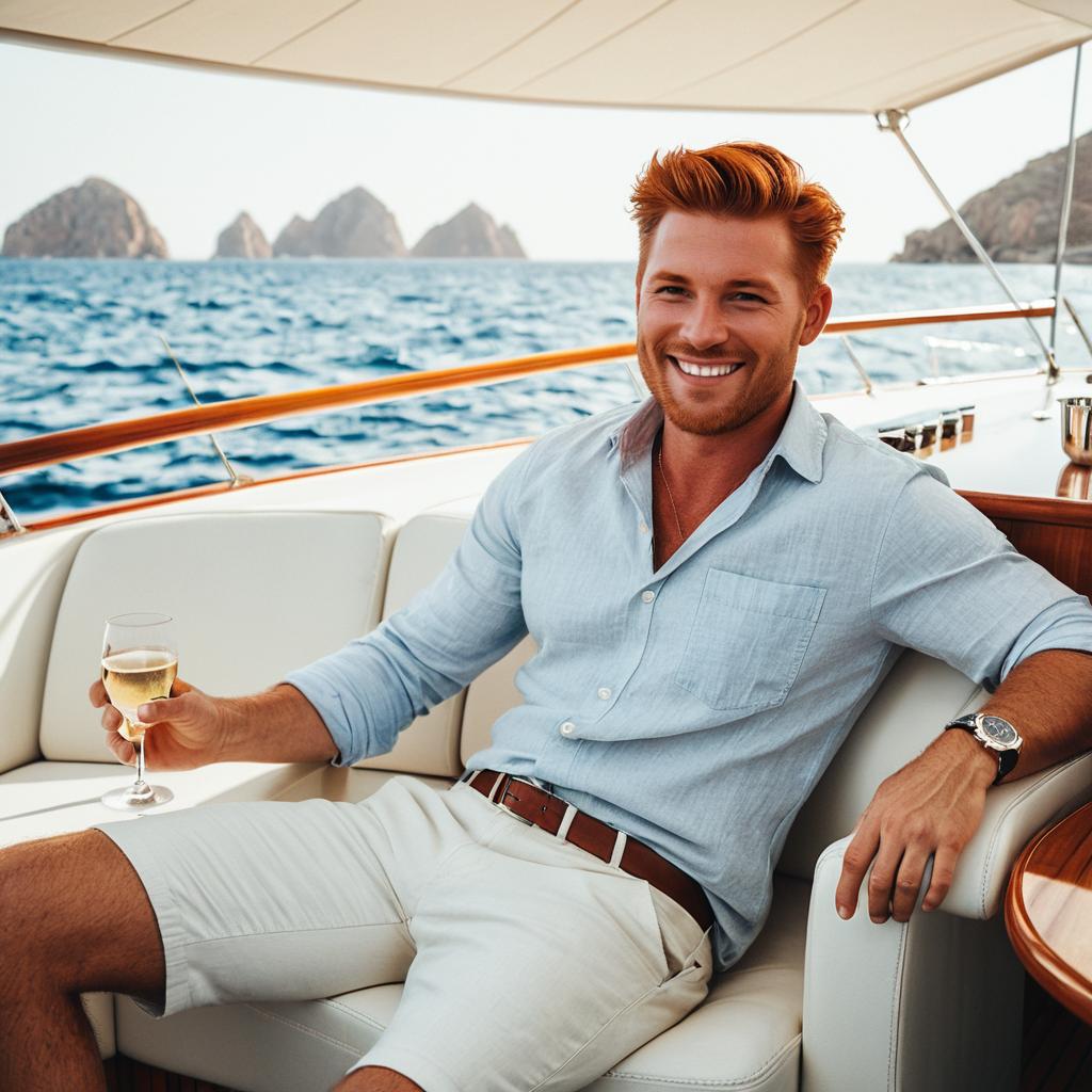 Red Haired Man Relaxing on Luxury Yacht with Wine at Sea