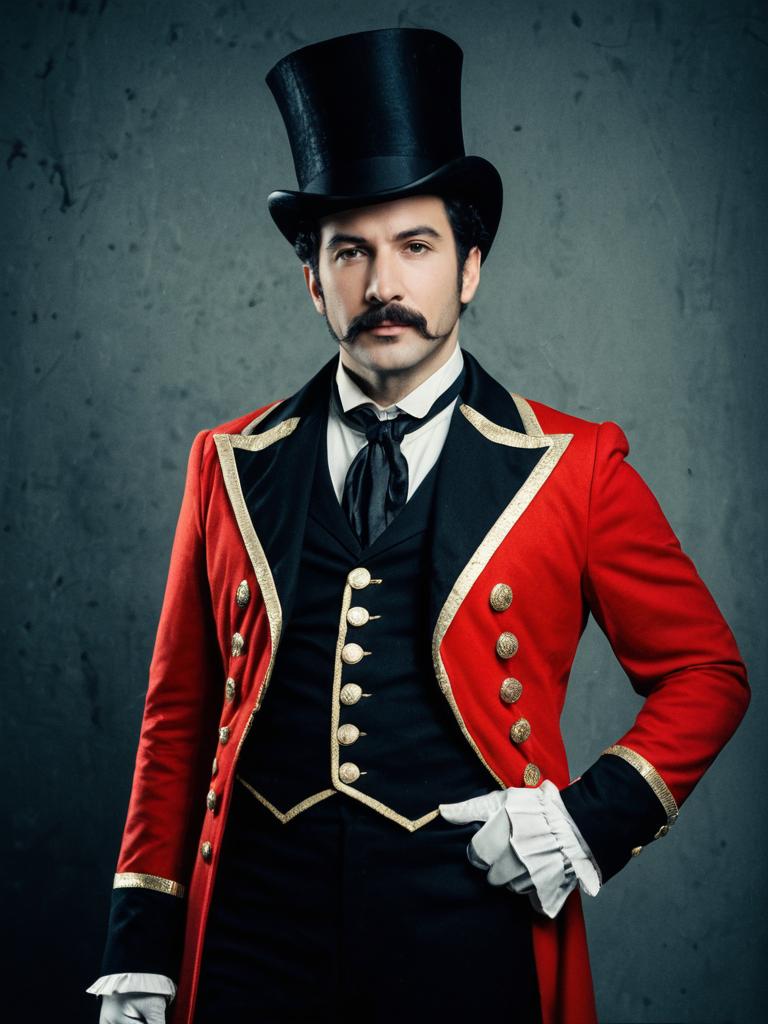 Man in Classic Red Ringmaster Costume Photorealistic Studio Cosplay Photo