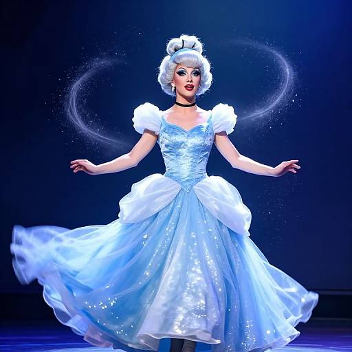 Cinderella Woman in Blue Ball Gown Stage Performance