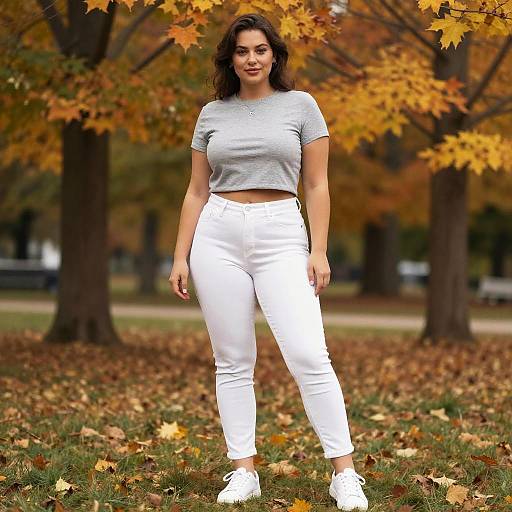 Curvy Woman Wearing Heathered Grey Cropped Top and White Jeans in Autumn Park