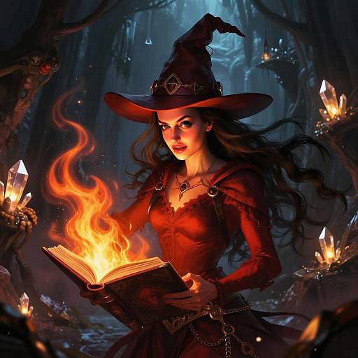 Fantasy Witch Casting Fire Spell with Magical Book in Dark Forest
