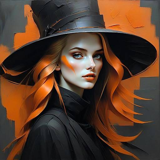Digital Portrait of Woman with Orange Hair and Black Hat