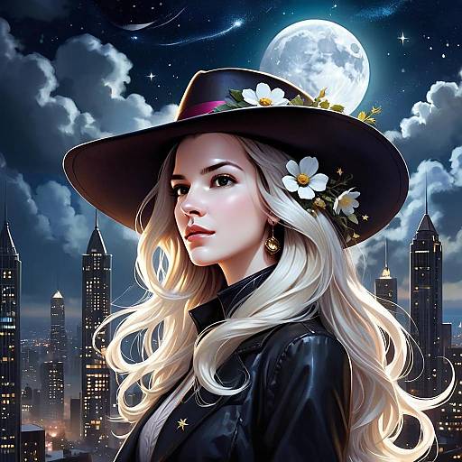 Digital Portrait of Woman in Flowered Hat with Moonlit Cityscape