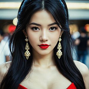 Glamorous Young Woman with Dark Hair and Red Lipstick