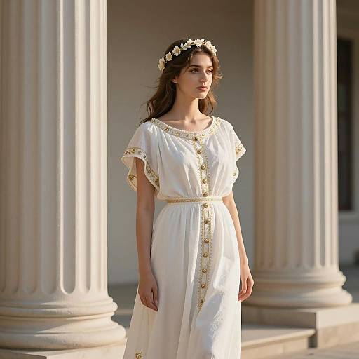 Elegant Woman in White Embroidered Dress with Classical Columns Background