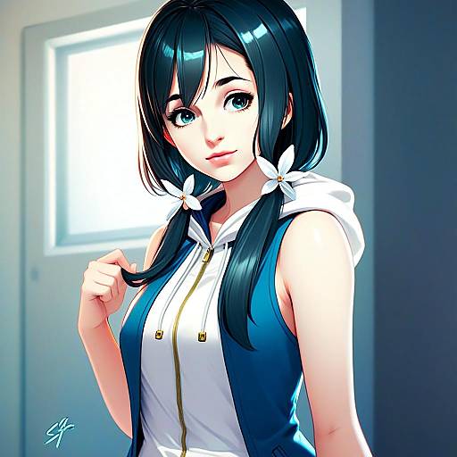 Anime Style Portrait of Woman with Dark Hair in Sporty Hoodie Inspired by Tenki no Ko