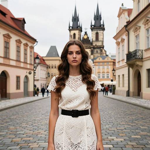 Young Woman in White Lace Dress on Historic European Cobblestone Street with Gothic Church Background