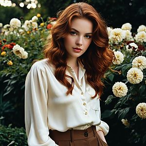Young Woman with Red Hair in Garden Wearing Cream Blouse and Brown Trousers