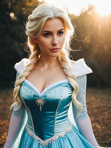 Sexy Elsa Granhiert Cosplay Woman in Detailed Blue Dress with Braided Blonde Hair