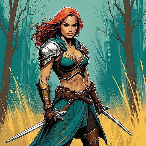 Fierce Woman Warrior in Fantasy Armor with Dual Swords Artwork