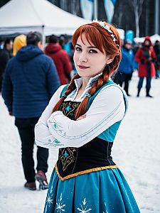 Woman in Blue and Black Costume at Winter Festival