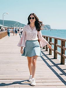 Young Woman Walking on Seaside Wooden Pier in Summer Fashion