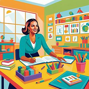 Woman Writing at Colorful Desk in Modern Office