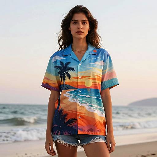 Young Woman Wearing Tropical Sunset Shirt on Beach