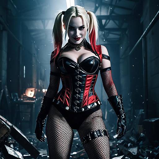 Harley Quinn Inspired Woman in Red and Black Leather Corset Cosplay