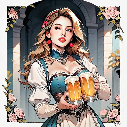 Digital Illustration of Woman in Bavarian Dress Holding Beer Mugs with Floral Frame