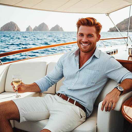 Red Haired Man Relaxing on Luxury Yacht with Wine at Sea