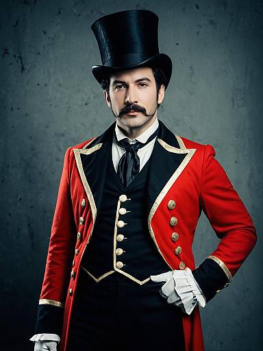 Man in Classic Red Ringmaster Costume Photorealistic Studio Cosplay Photo