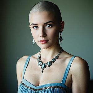 Confident Woman with Shaved Head in Elegant Blue Attire