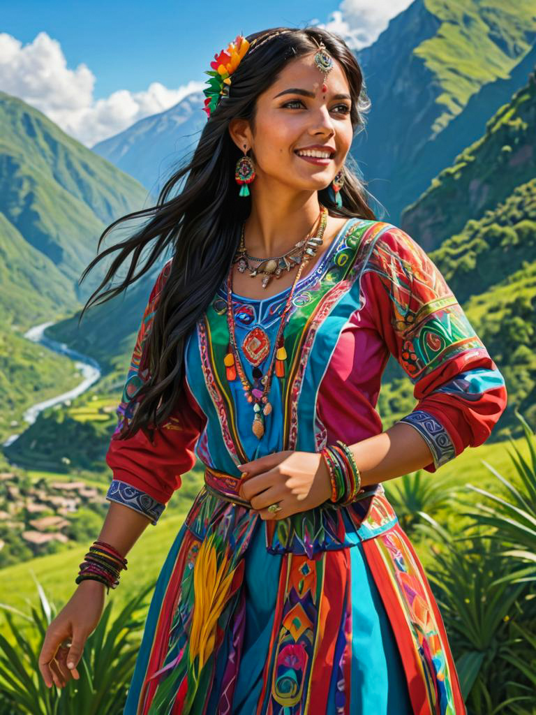 Peruvian Woman in Traditional Attire Amidst Mountains