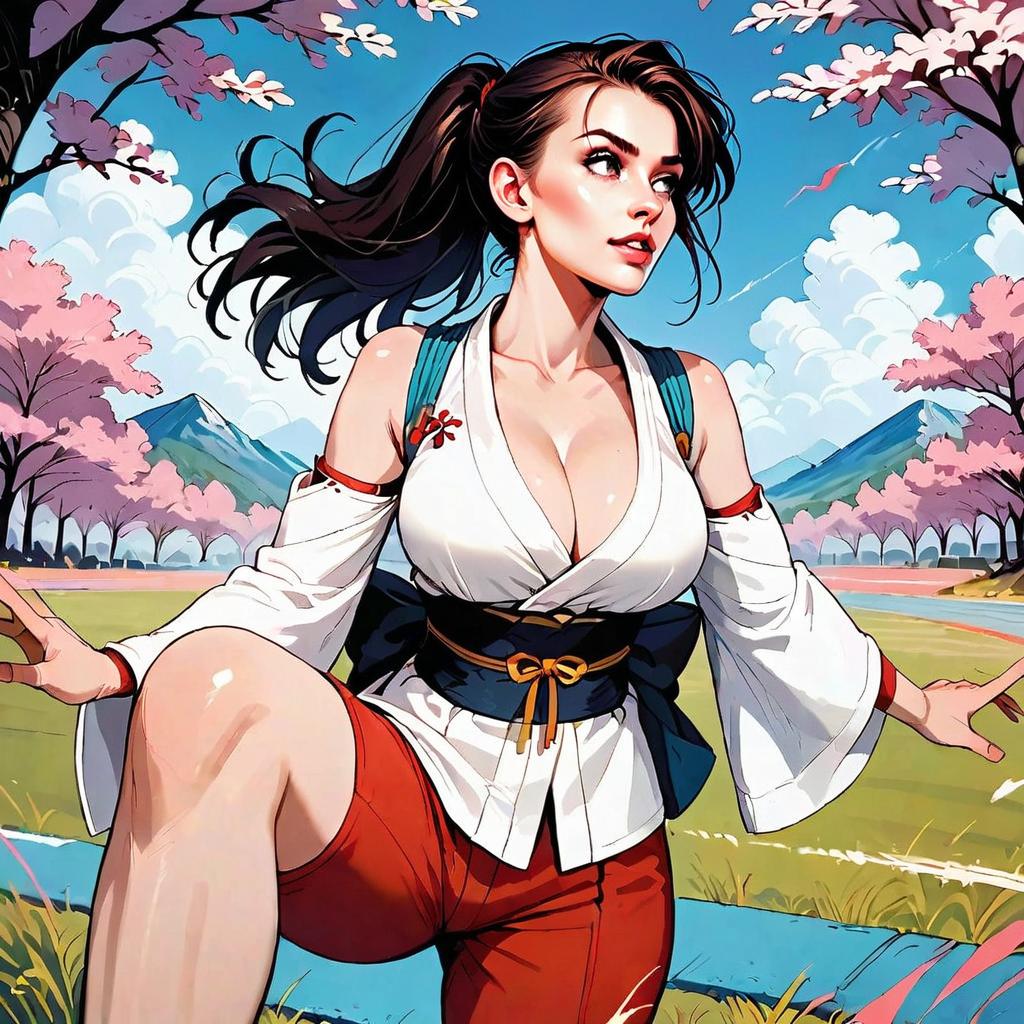 Anime Style Woman in Traditional Japanese Outfit with Cherry Blossoms and Mountains