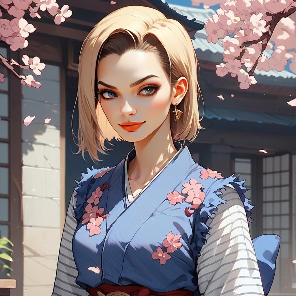 Anime Woman in Blue Kimono with Cherry Blossom Motifs
