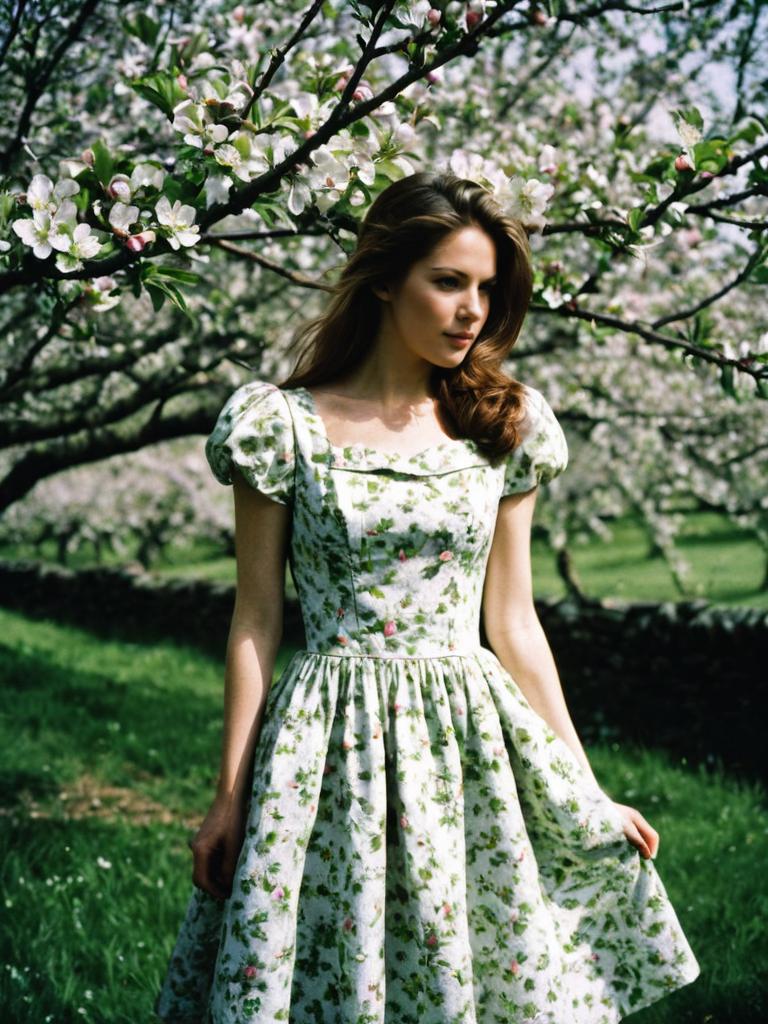 Young Woman in Vintage Floral Dress Standing in Blooming Orchard