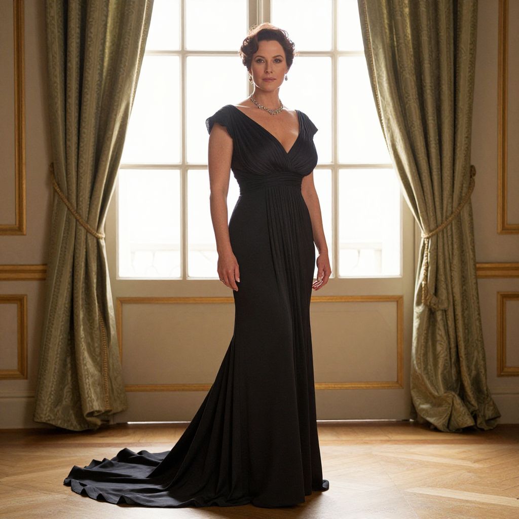 Elegant Woman in Black Evening Gown in Classic Luxurious Interior