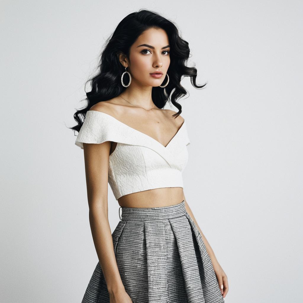 Elegant Woman in White Off-Shoulder Crop Top and Silver Pleated Skirt