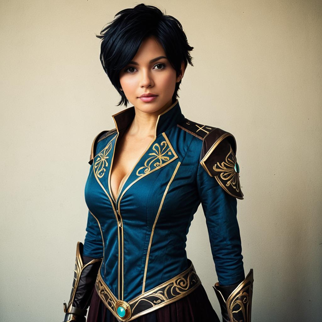 Woman in Detailed Fantasy Armor Costume with Gold Embroidery
