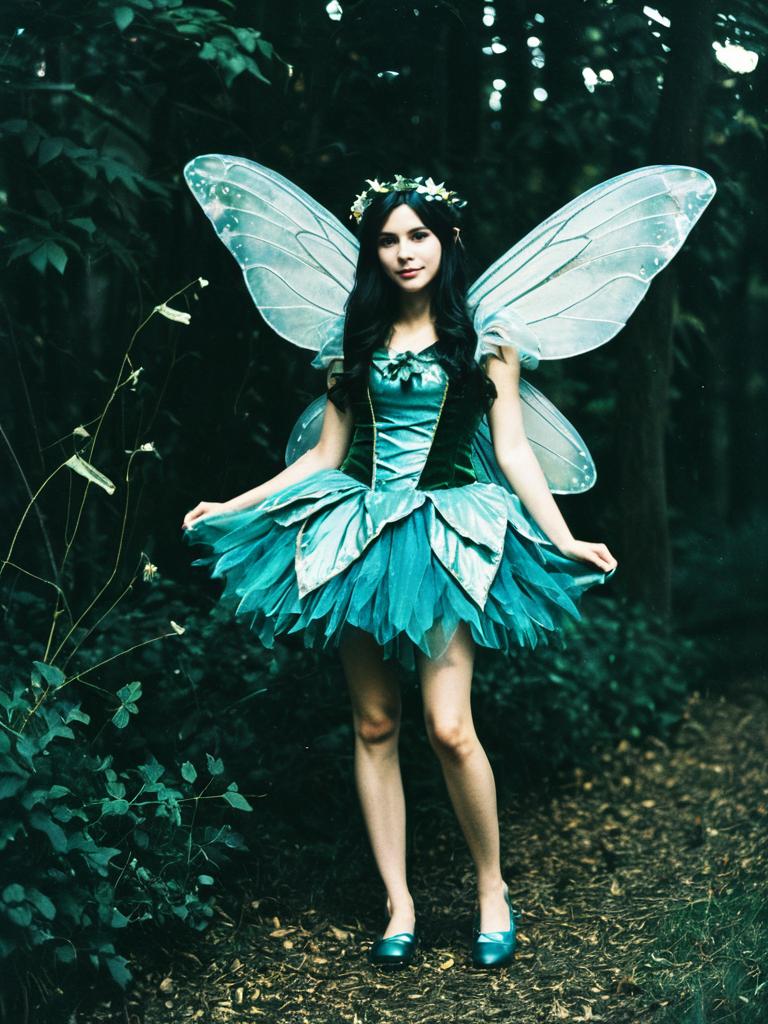 Woman in Enchanted Fairy Costume with Wings in Forest