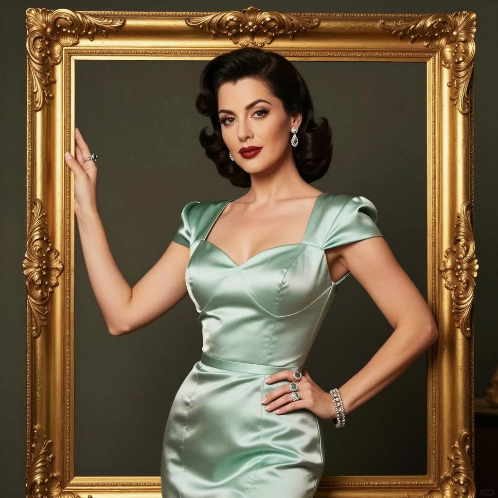 Elegant Vintage Woman in Satin Dress Posing with Golden Frame