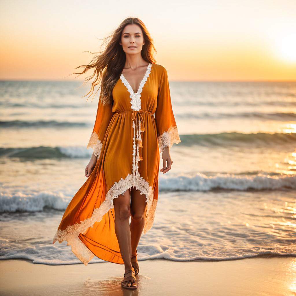 Woman in Orange Dress Walking on Beach at Sunset