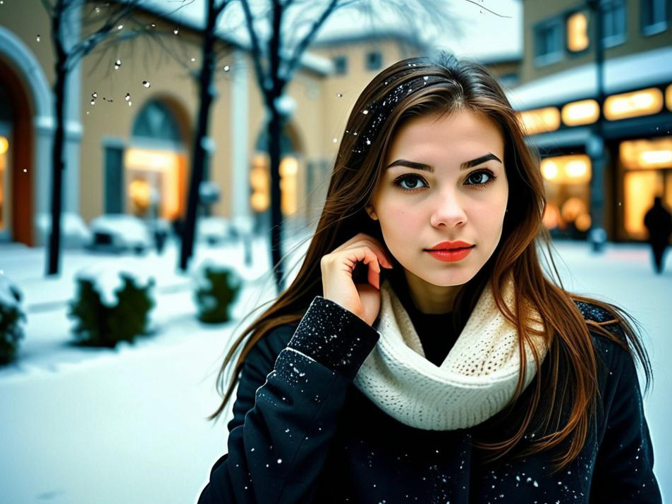 Young Woman in Snowy Urban Landscape