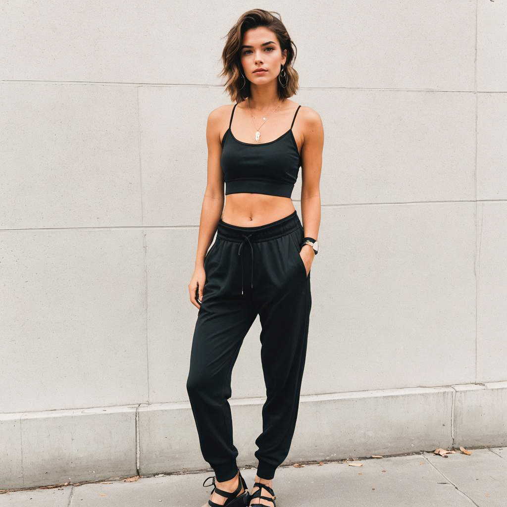 Confident Woman in Black Crop Top and Joggers Confident Woman in Black Crop Top and Joggers